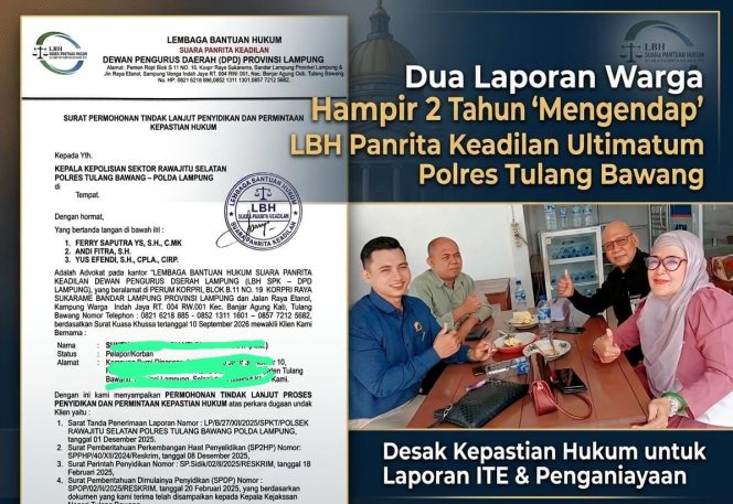 
 Laporan Warga Hampir 2 Tahun Mengendap, LBH Panrita Keadilan Ultimatum Polres Tulang Bawang